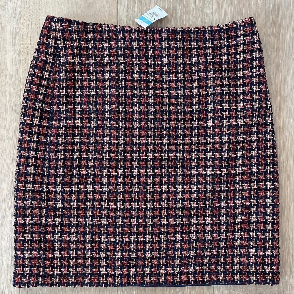 J McLaughlin Navy Blue Red Gold Metallic Houndstooth Tweed Pencil Skirt Sz14 *N8